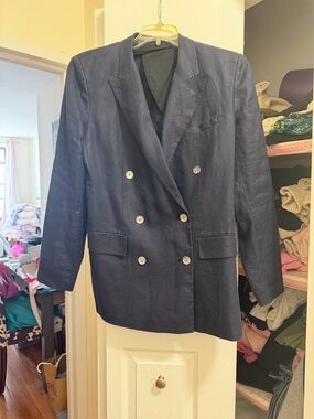 Alex Mill Double-Breasted Navy Linen Blend Blazer